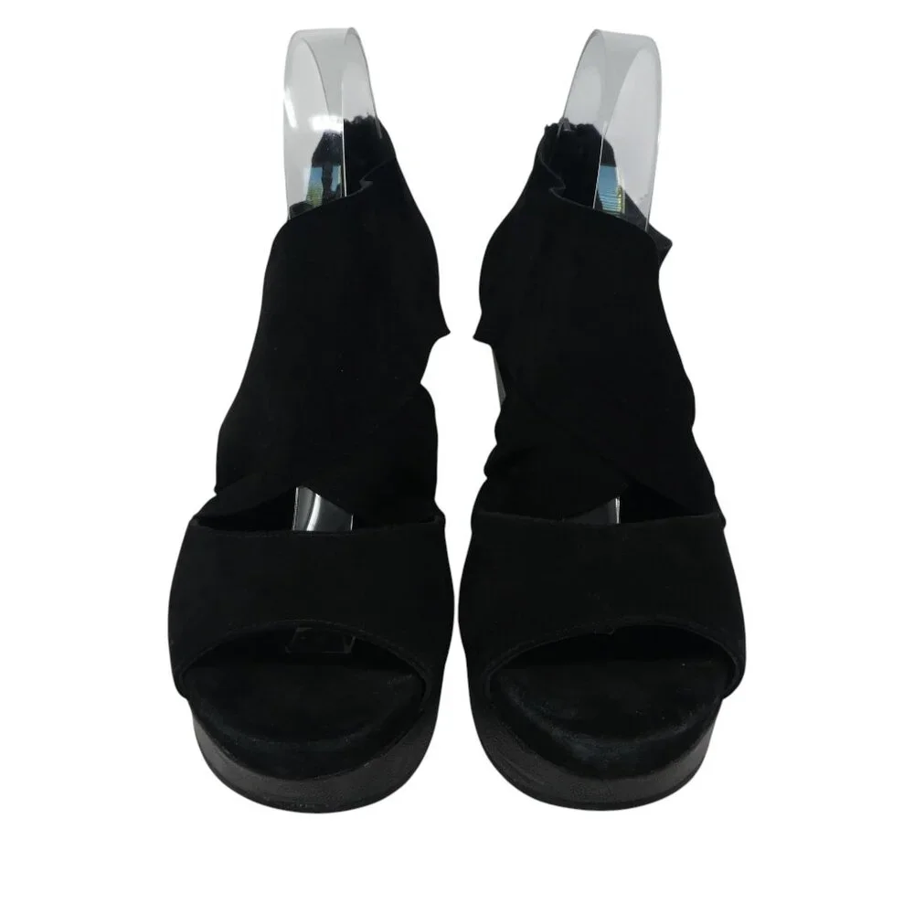 Eileen Fisher Black Leather Open Toe Platform Wedge Sandals Womens 9